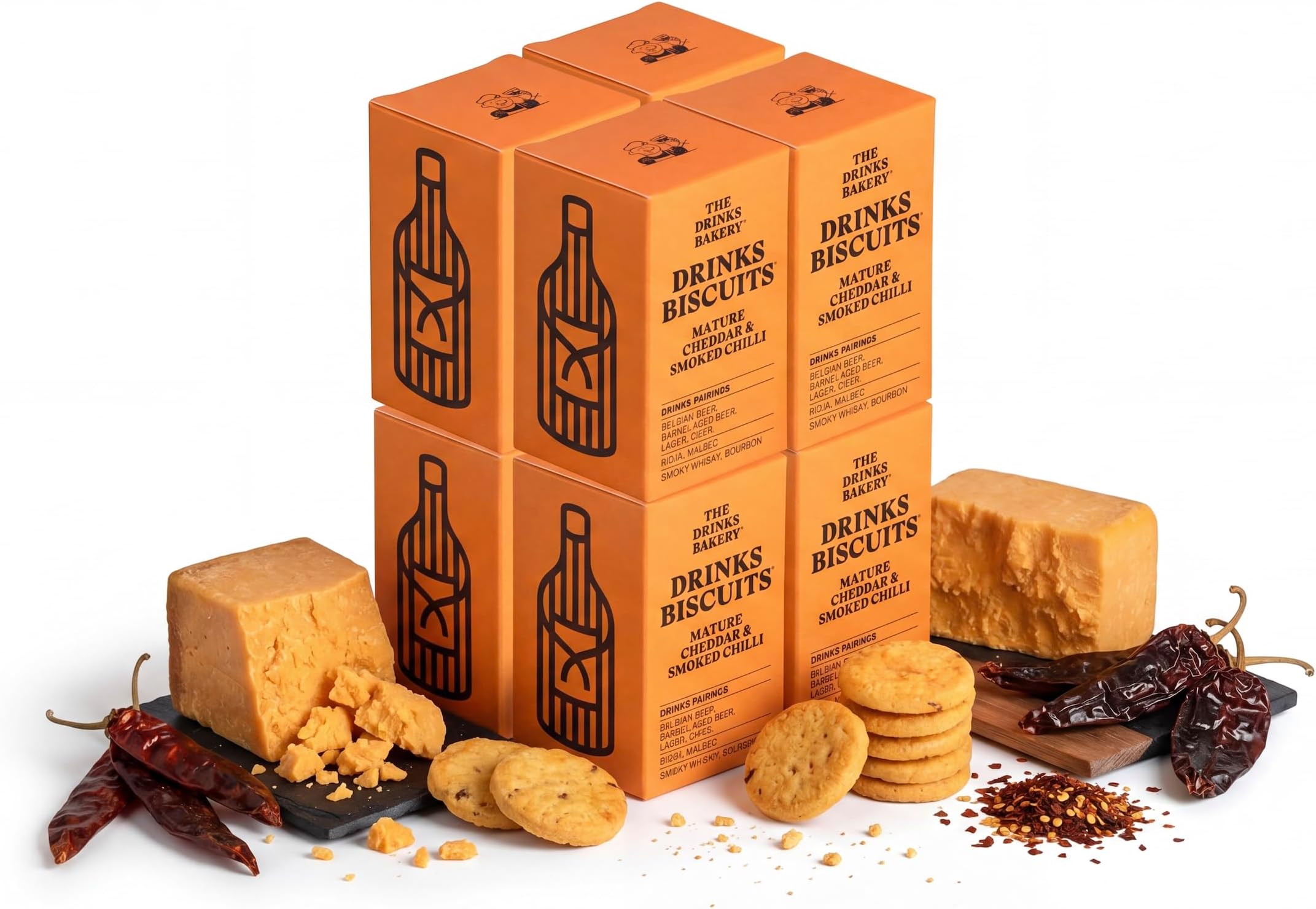 The Drinks Bakery Mature Cheddar & Smoked Chilli - Premium Biscuits Paired with Craft Beer, Lagers, Red Wines, Whisky, & Ciders - Award Winning Drinks Biscuits Seen on Dragons’ Den - 8 x 36g Pack