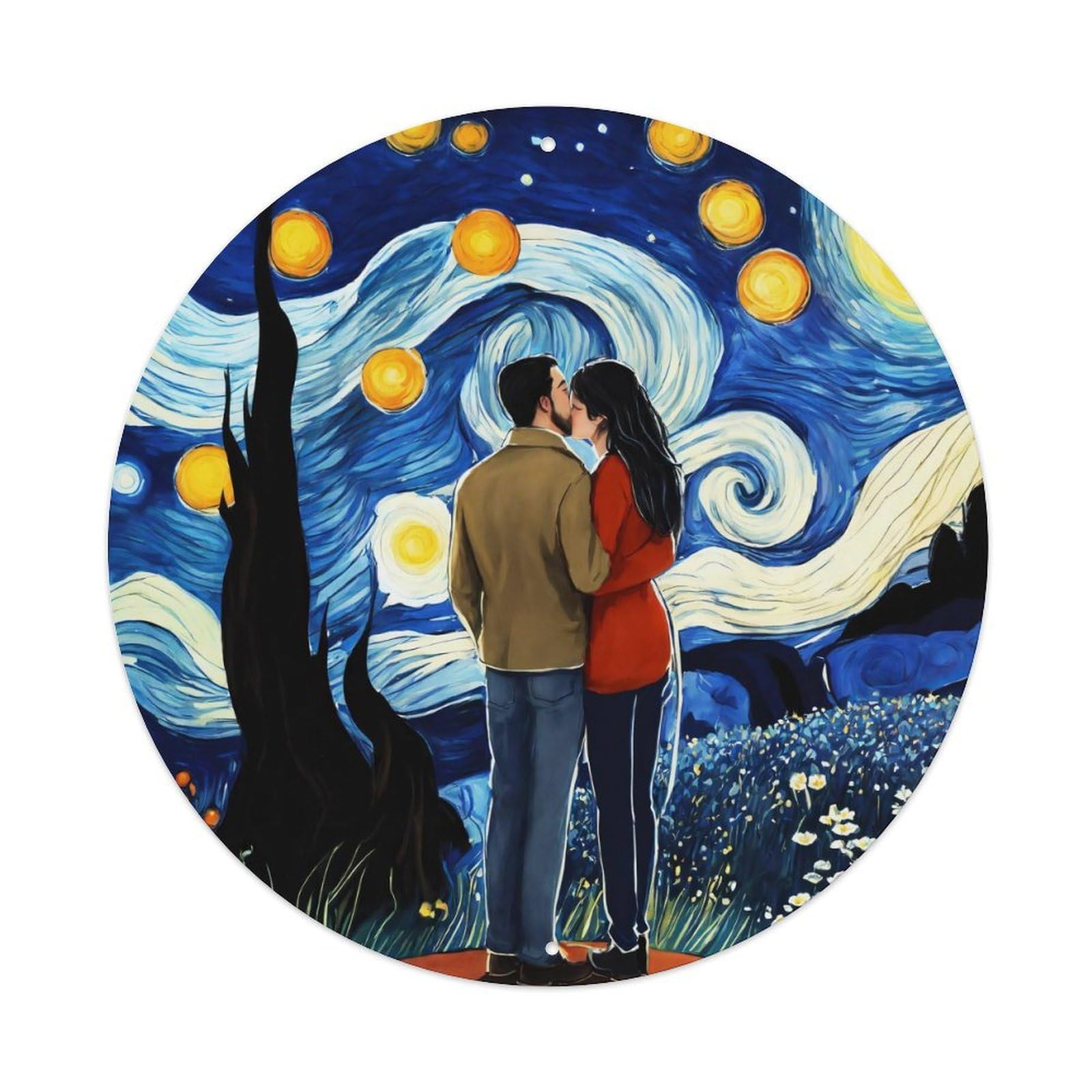 Vintage Art Silhouette Affection at Starlit Lakeside Vintage Metal Tin Sign Plaque Wall Decor for Cafe, Club, Garden Round Metal Poster 8x8Inch