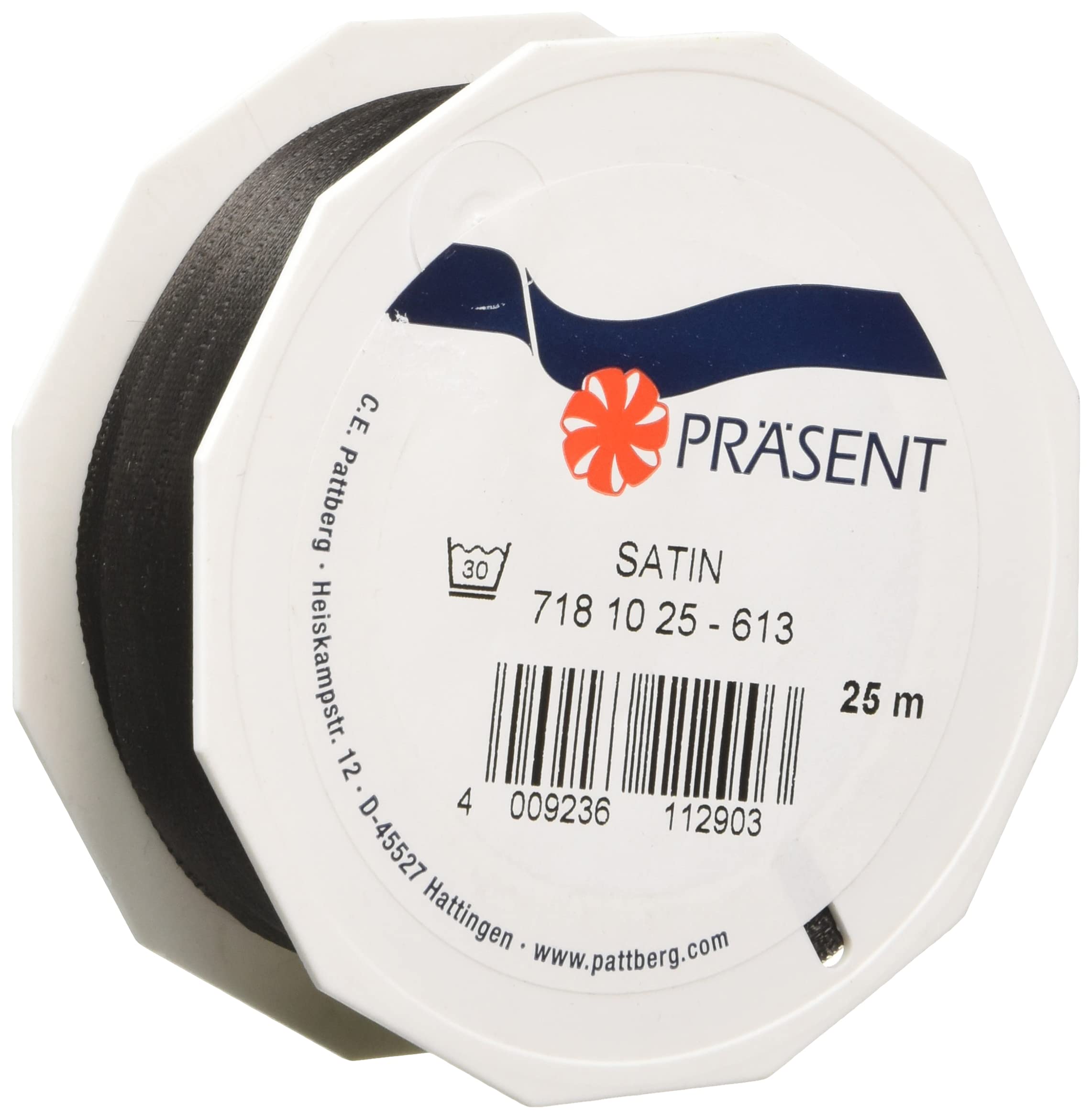 PRÄSENT C.E. Pattberg SATIN black gift ribbon, 27 yards for Wrapping Gifts, 0.39 inches width, Ribbon for Decorating & Crafting, Decorative Ribbon for Gifts, for every occasion