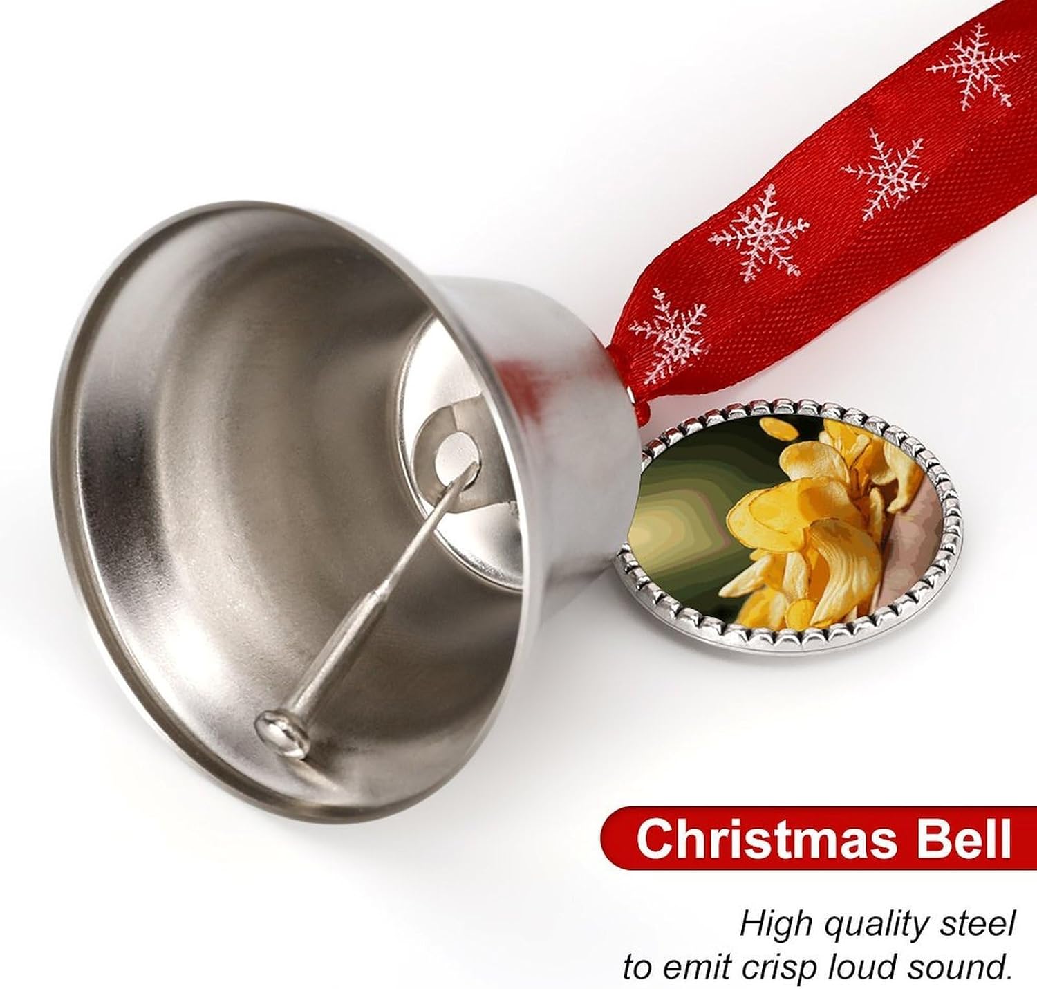 Potato Chips Bell Ornament Red Ribbon for Christmas Tree Holiday Decoration Personality Believe Bell Ornaments Sleigh Bells for Winter New Year Party Supplies
