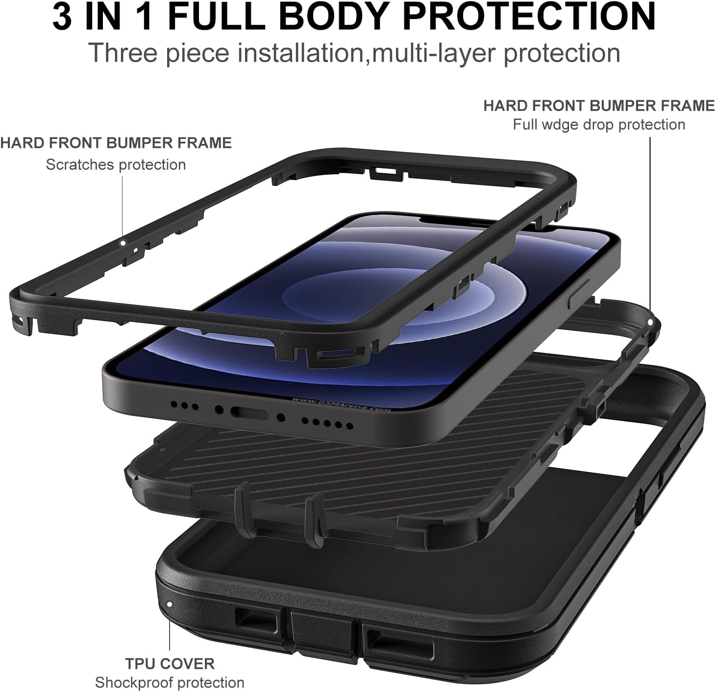 for iPhone 12 Case/iPhone 12 Pro Case, Heavy Duty Protection 3-Layers [Shockproof] [Dropproof] [Anti-Slip] Phone Cover [with 2 Tempered Glass Screen Protectors] (Black) - Image 4