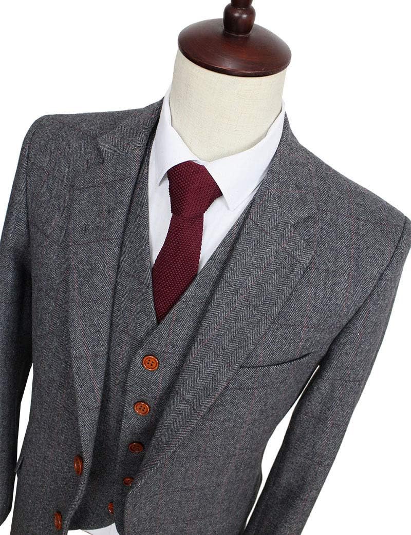 Wool Grey Check Plaid Tweed Herringbone Vintage British Men Suits Tailored Slim Fit 3 Pieces Mens Wedding Suits