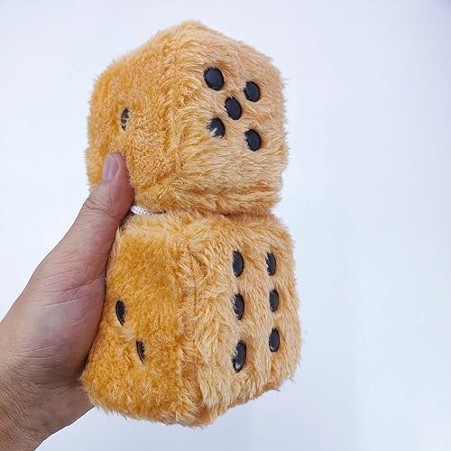 Miniatura 4 de Par de dados de felpa mullidos con espejo de 3 pulgadas, marrones con puntos negros, adorno decorativo colgante de felpa suave blanca y negra para