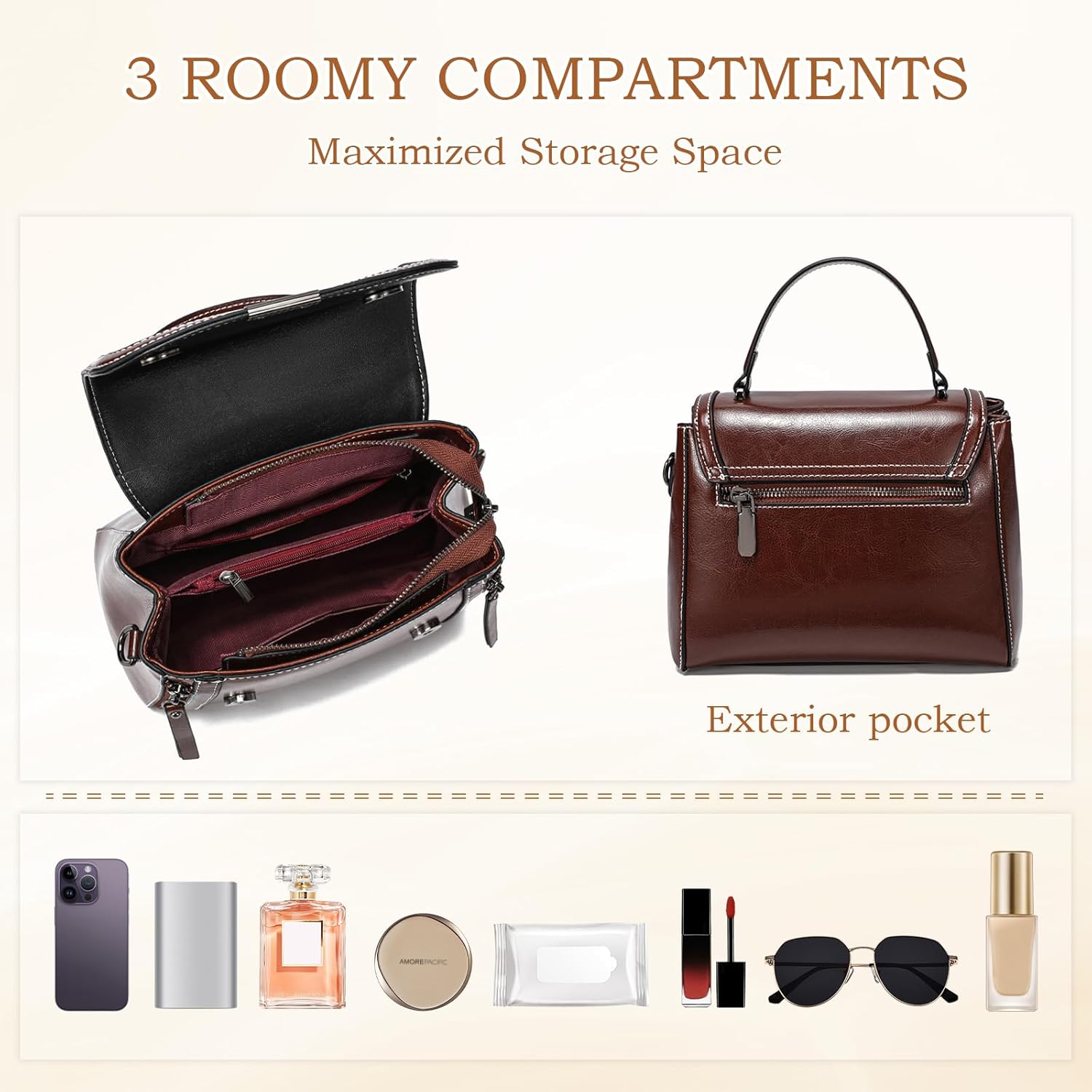 imeetu Oil Wax Leather Handbags for Women, Crossbody Bag Removable Shoulder Strap - Image 5