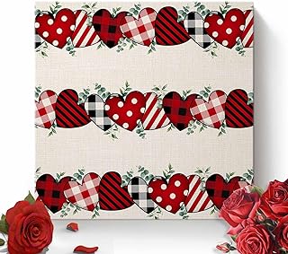Canvas Wall Art Valentine's Love Sweetheart and Leaves ,Oil Painting Prints Artworks Picture Stretched and Framed, Stripe Lattice Dot Heart on Burlap Wall Decor for Living Room/Bedroom/Kitchen/Bathroom 16x16IN