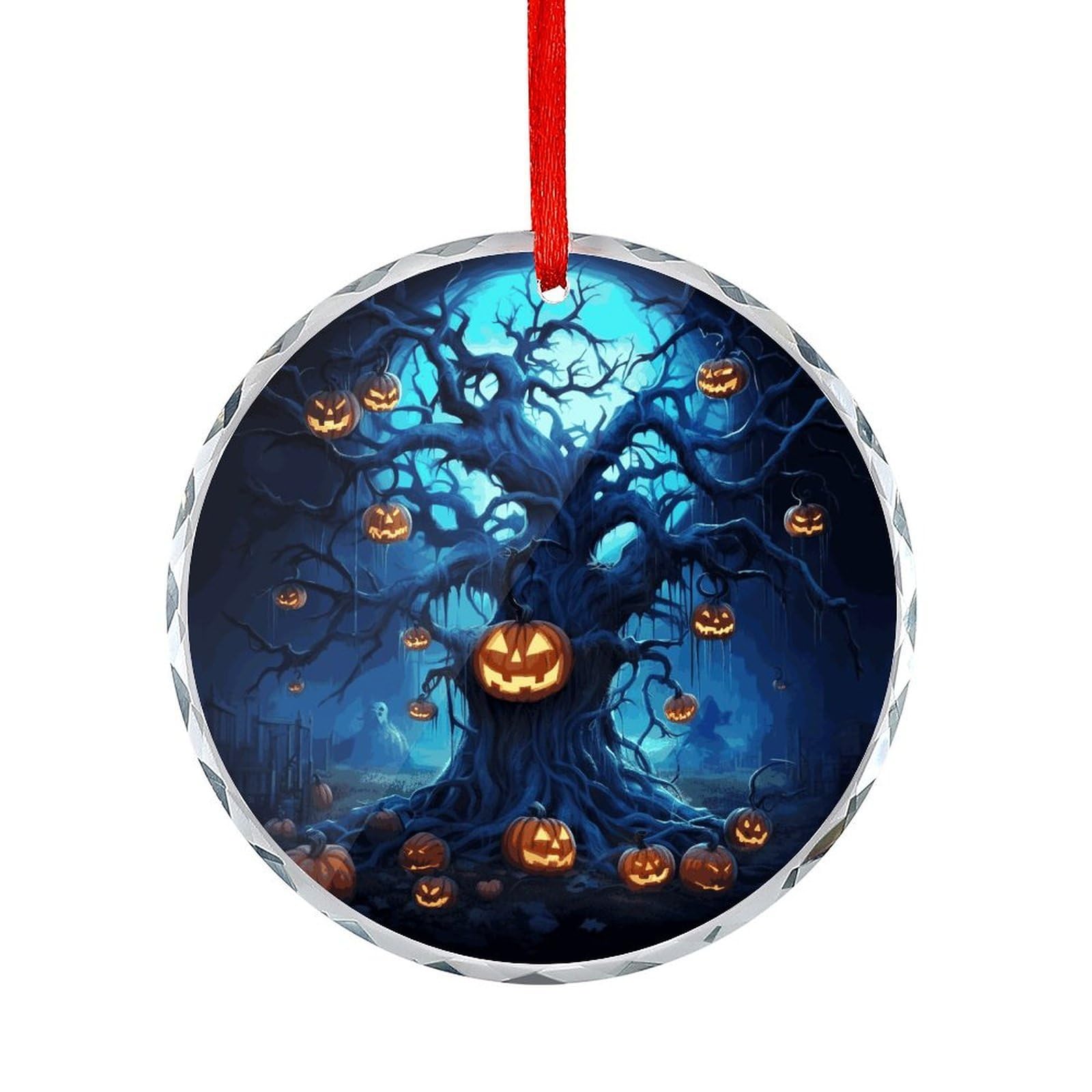 Btcowzrv Style Halloween Pumpkin Tree Blue Round Ornament Hanging Pendant Decor