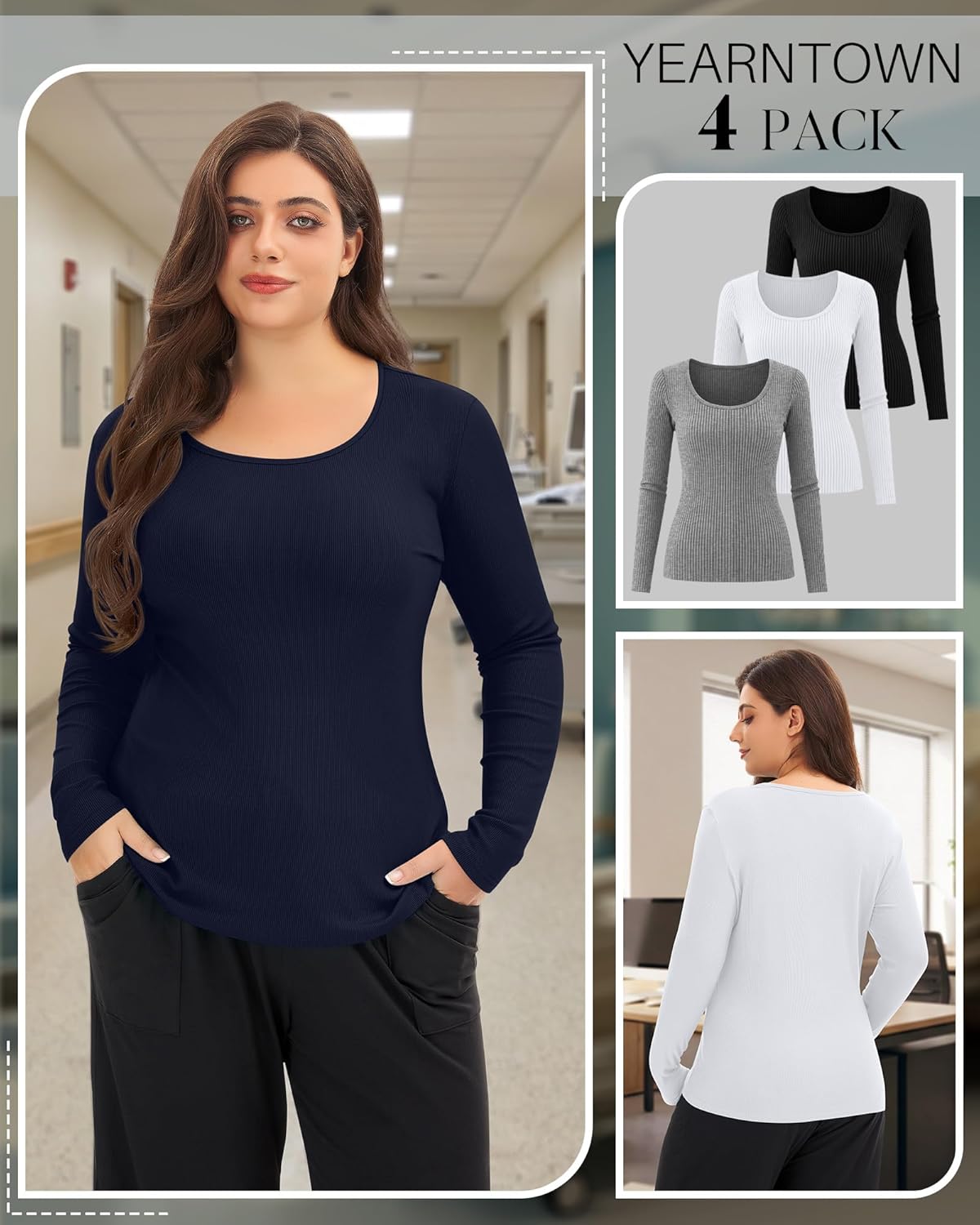 4 Pack Women's Plus Size Underscrubs Shirts, Cotton Ribbed Long Sleeve Nurse Top Scoop Neck Fitted Basic Undershirt - Image 3