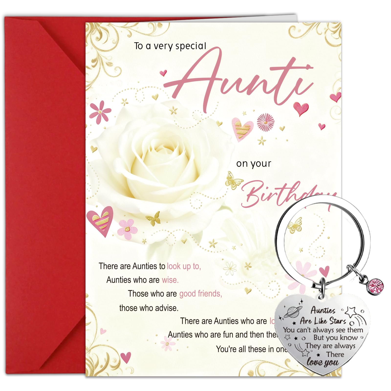 JoyAura Auntie Birthday Card and Keyring Set, There Are Aunties Who Are Lovable Greeting Card with Envelope Aunty Happy Birthday Gifts for Women