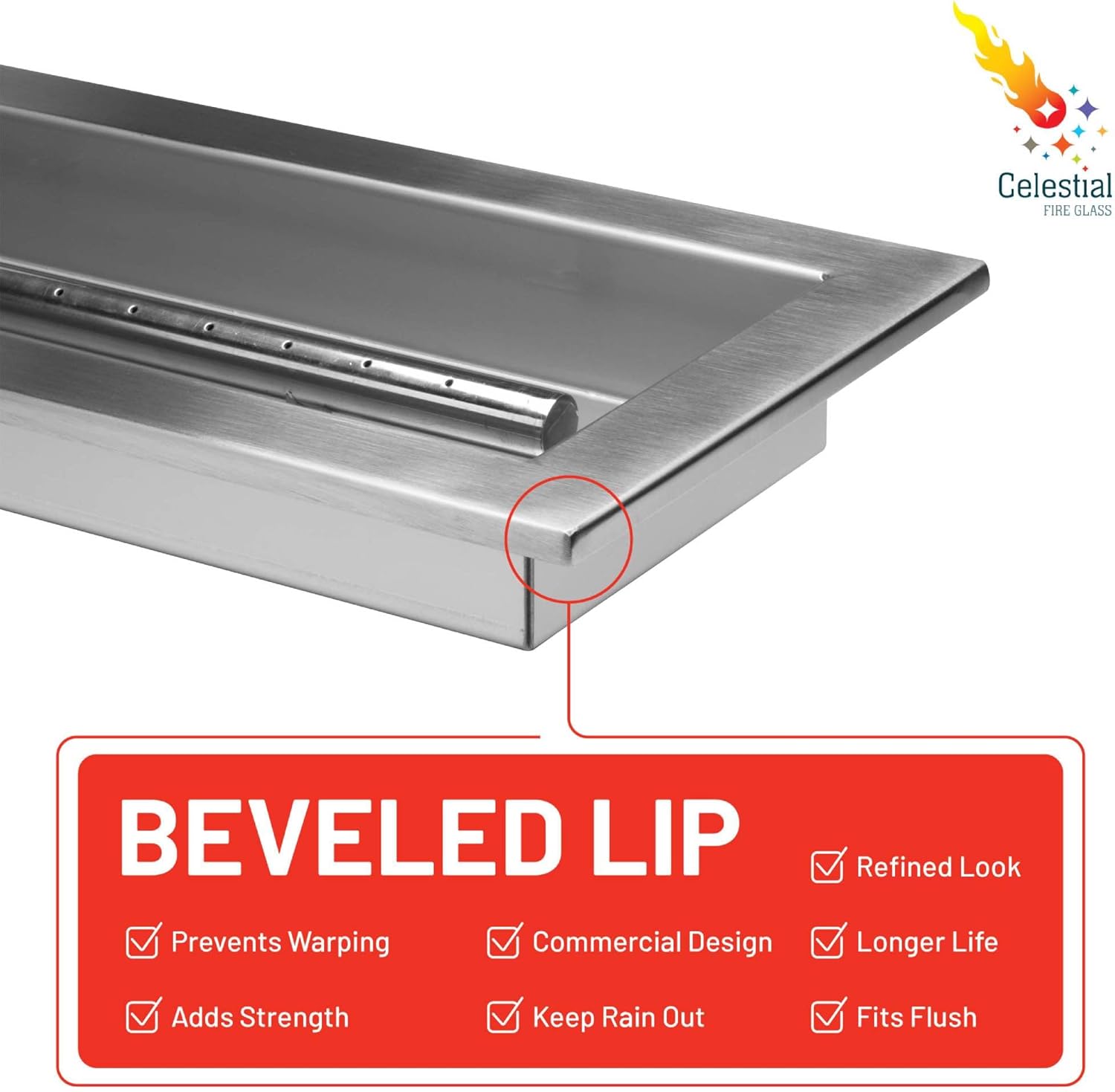 Celestial 36" x 6" CSA Certified Fire Pit Burner Kit, Commercial Grade 16 Gauge 304 Stainless Steel, Flame Sensing Safety Feature, Beveled Lip for Extra Strength, 65k BTU, Propane, Electronic Ignition