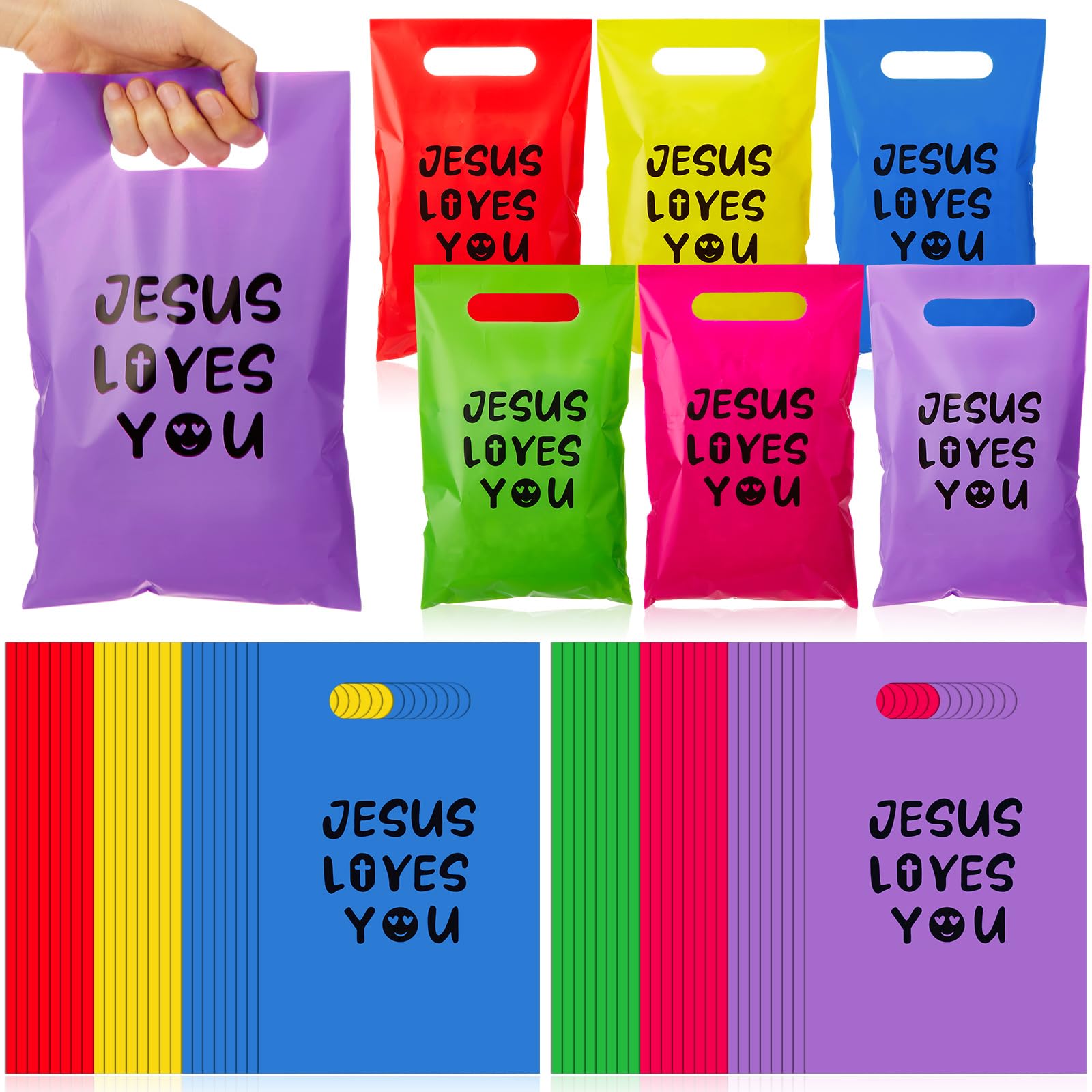 Cholemy 50 Pcs Jesus Loves You Gift Goody Bags 9.84 x 6.5 Inch Plastic Colorful Religious Christian Church Scripture God Bless Bible Cross Treat Candy Snack Bags for First Communion Party Favor