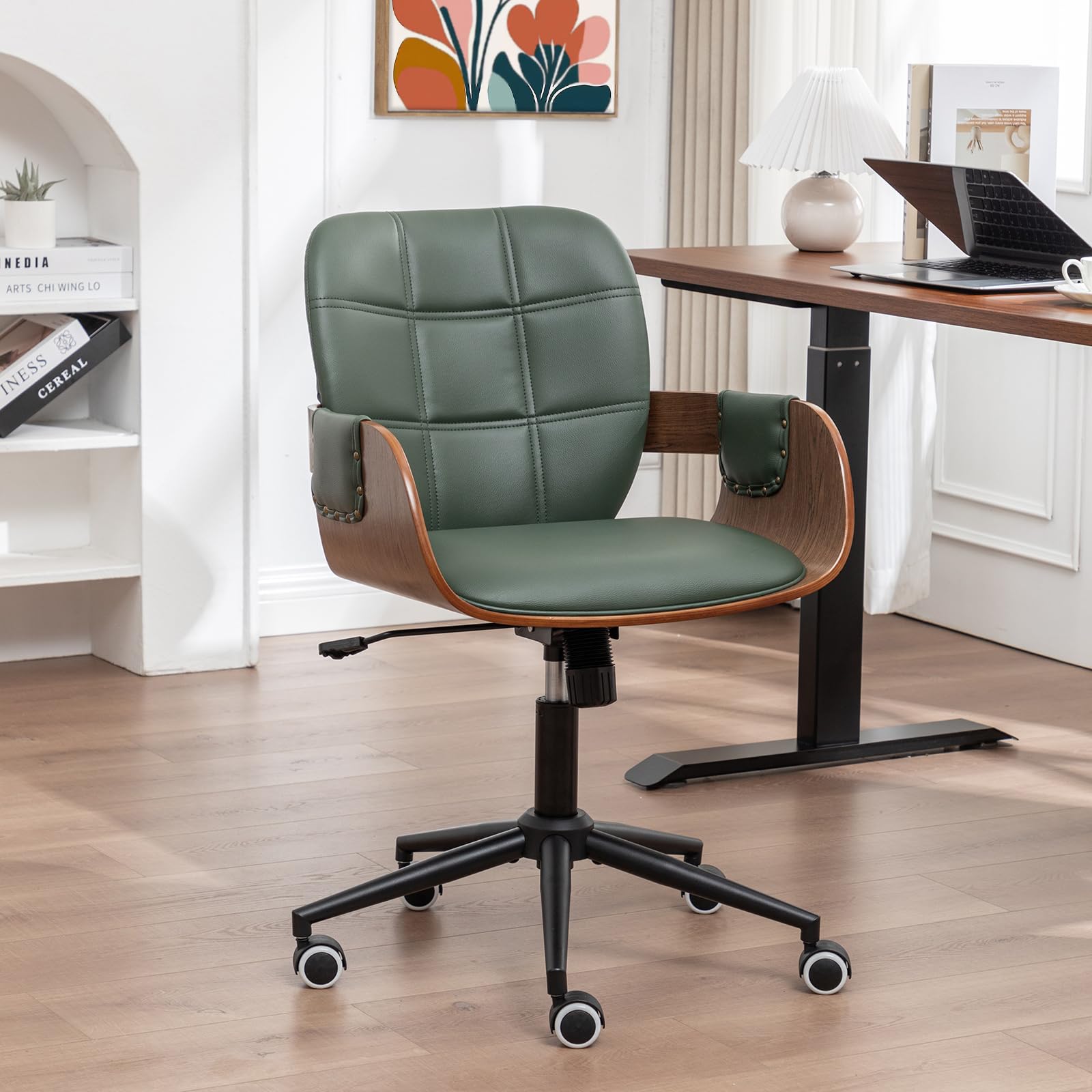 Home Office Desk Chair with Caster Wheels Walnut Craftsmanship Ergonomic Curved Back and Arms Faux Leather Height Adjustable