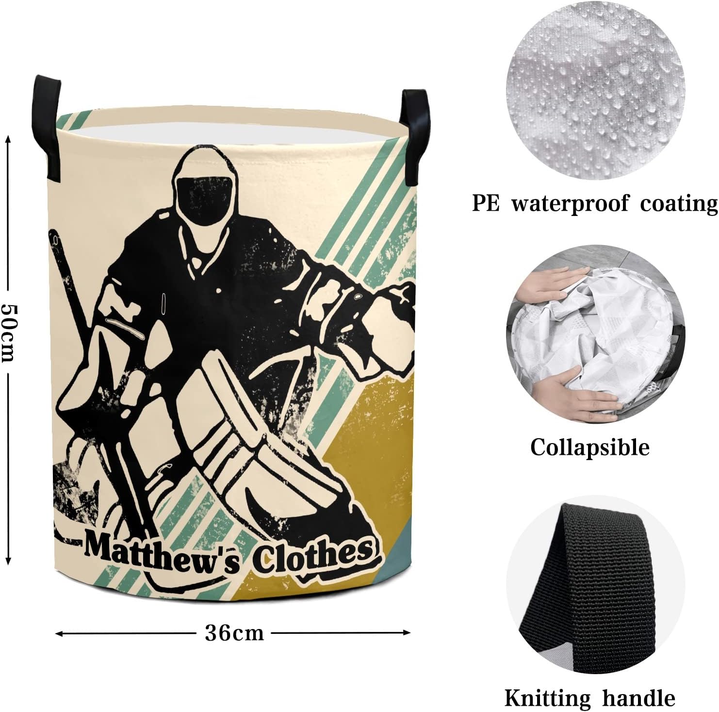 Ice Hockey Personalized Laundry Basket Clothes Hamper with Handles Waterproof,Collapsible Laundry Storage Baskets for Bathroom,Bedroom Decorative 19.7"Hx14.2"D