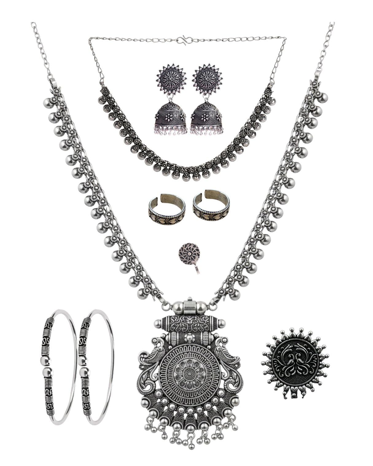 Oxidised Jewellery Set for Women – Pendant Necklace with Ghungroo Design & Matching Jhumka Earrings | Antique Finish Traditional & Boho Ethnic Jewellery Set-image-47