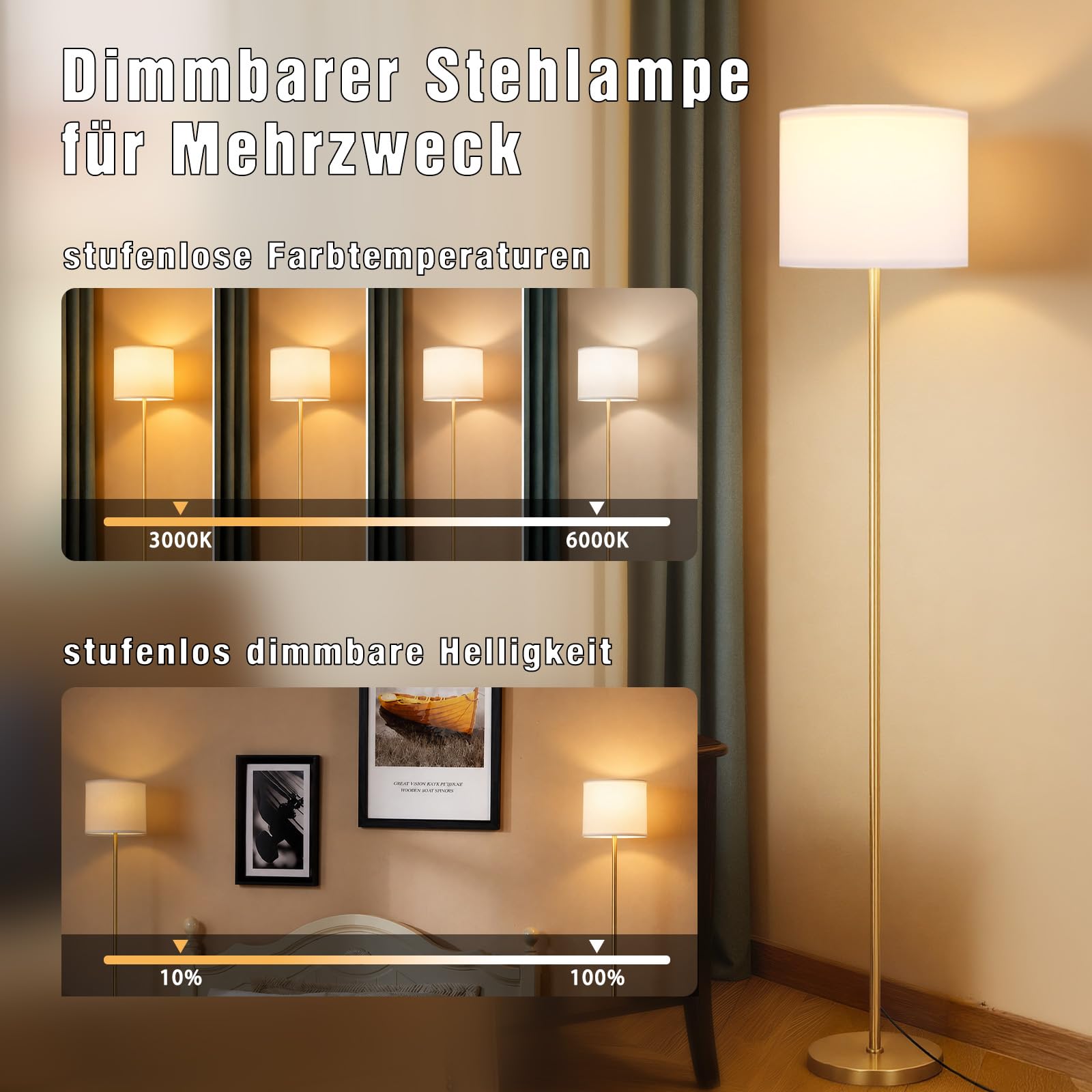 Goldene Stehlampe dimmbar mit Fernbedienung, 5-Stufen Lichtfarbe 3000-6000K