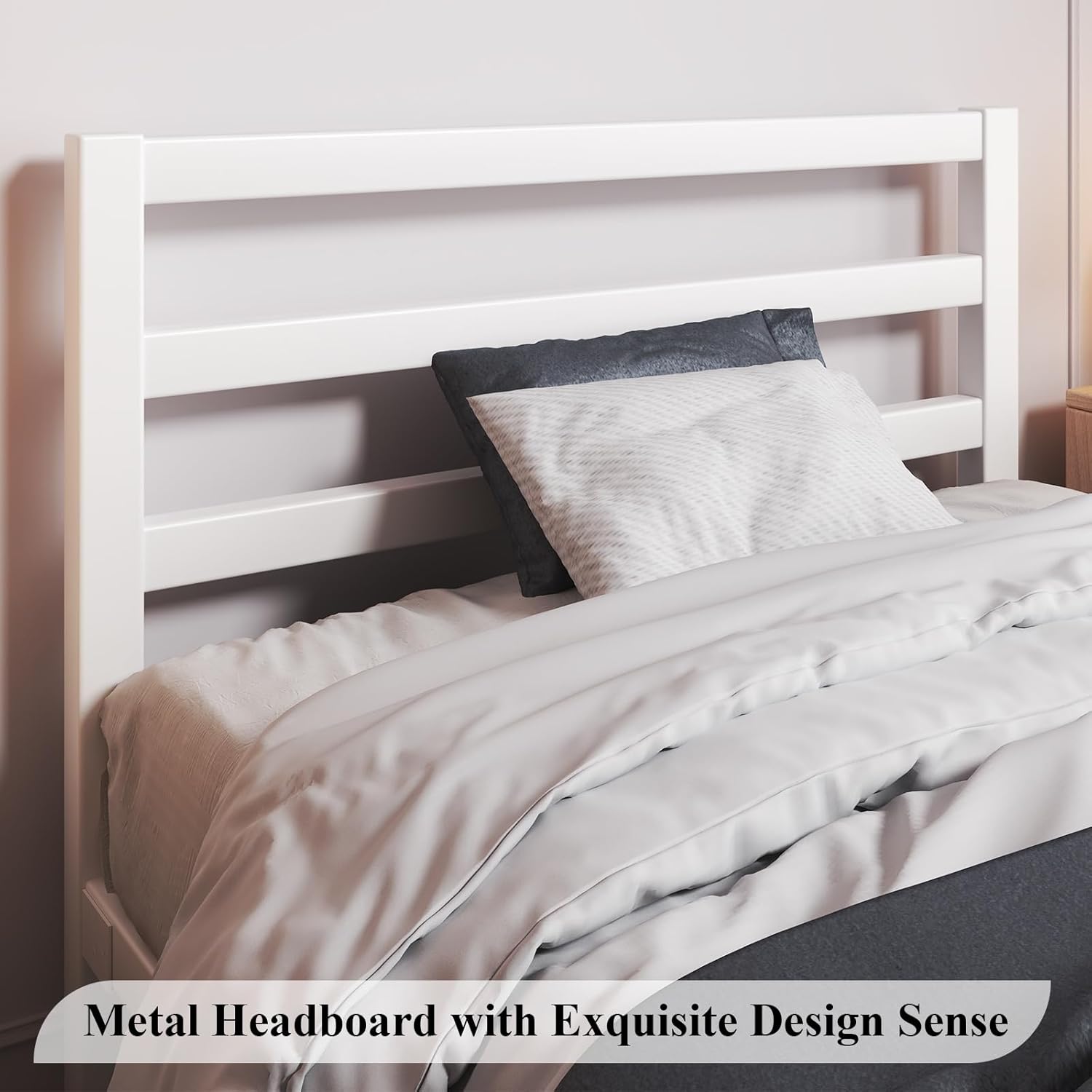 Close-up of the white metal headboard with horizontal bars, showing its design.
