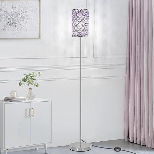 Floor Lamp for Bedroom, Lavender Crystal Floor Lamp with Glam Shade, Elegant Standing Lamp with On/Off Foot Switch & Silver Base, Corner Pole Lamp for Girls Bedroom, Living Room, Office (E26 Base)