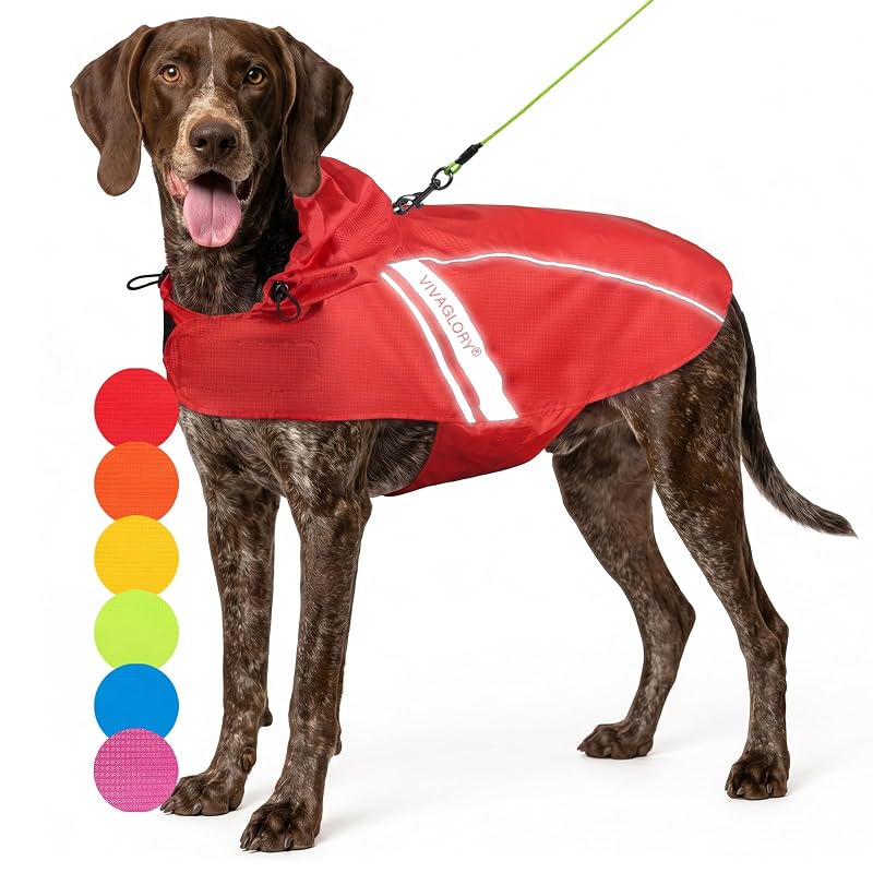 Capa de chuva para cães VIVAGLORY em poliéster com capuz ajustável e faixa refletiva, Red, XL (76,2–86,36 cm de tórax)
