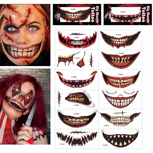 Miniatura 7 de Maquillaje de broma de Halloween, tatuaje temporal, juego de roles de Halloween, kit de calcomanías decorativas de tatuaje de boca grande,