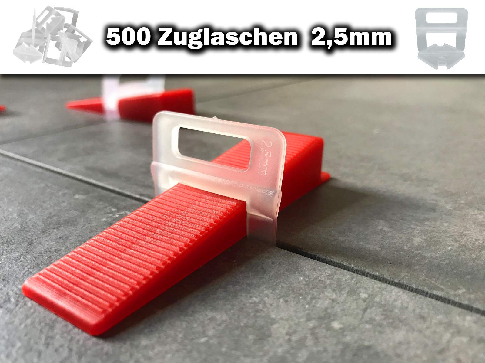 500 Zuglaschen 200 Keile + 1 Zange 2,5mm - KACHEL GOTT® Fliesen Nivelliersystem Set - Fugenbreite wählbar 1mm bis 3mm - Zange Keile Zuglaschen für Fliesenstärke 3-12 mm(SET Semi-Pro 2,5mm)