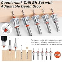 Vista 4 de Juego de 5 brocas avellanadoras con tope de profundidad ajustable, vástago redondo de 0.315 pulgadas, brocas de madera avellanadas de cambio rápido