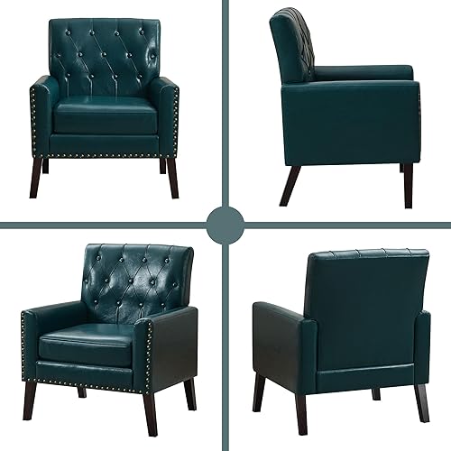 Miniatura 7 de Silla decorativa moderna de mediados de siglo, silla de oficina de piel sintética azul para recepción, silla de club de cuero azul para sala de