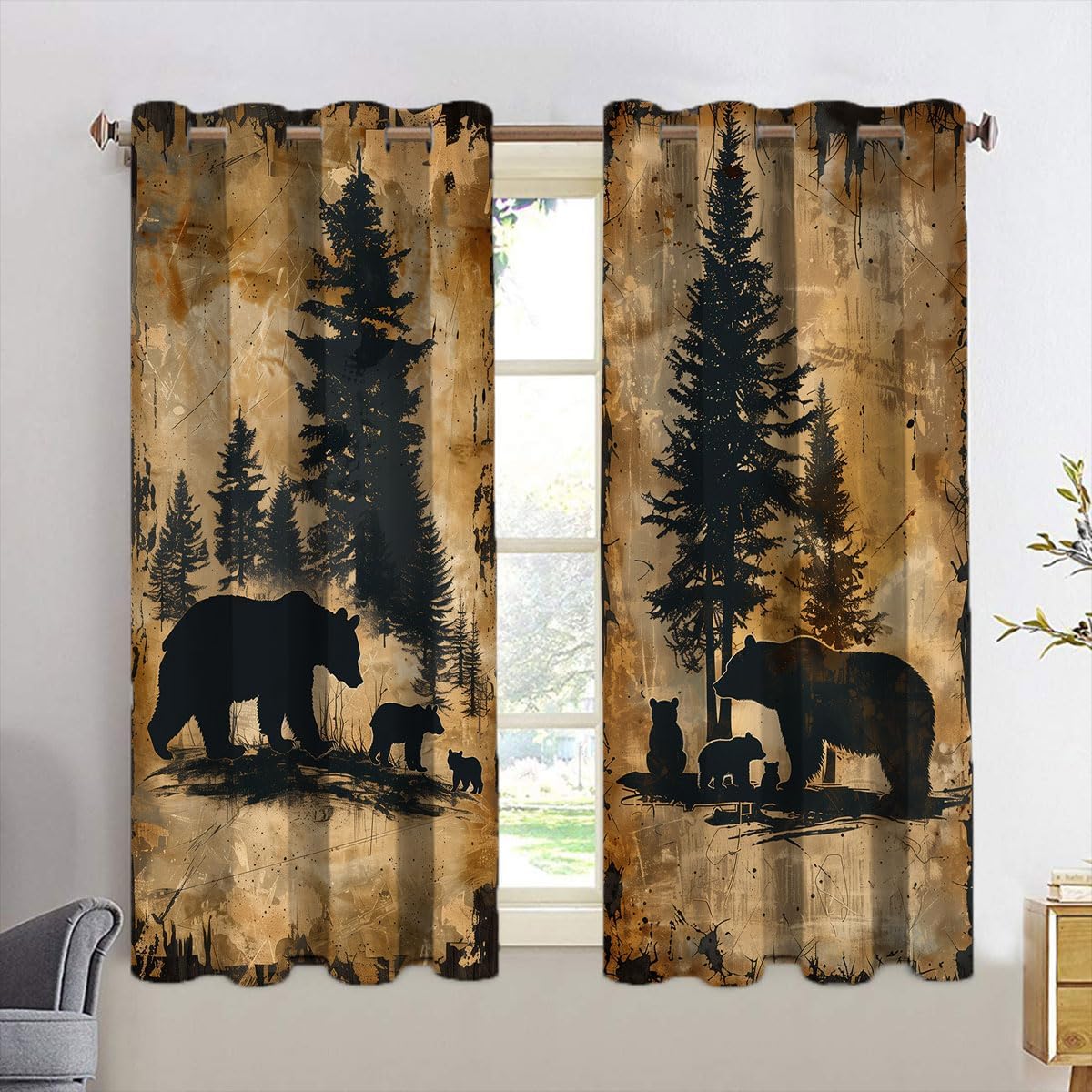 Rustic Bear Window Curtains for Kid Girls Boys Bedroom Vintage Cabin Wildlife Animal Bears Thermal Insulated Darkening Grommet Window Drapes for Bedroom Living Room, W42xL63 Inch Decor