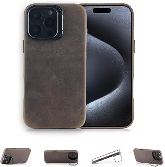 QUARK Genuine Leather Case for iPhone 16 Pro with Stand, Compatible with MagSafe, Vintage Premium Crazy Horse Leather, Metal Buttons & Camera Bump, 6.3-inch Coffee