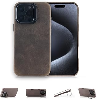 QUARK Genuine Leather Case for iPhone 16 Pro Max with Stand, Compatible with MagSafe, Vintage Premium Crazy Horse Leather, Metal Buttons & Camera Bump, 6.9-inch, Gray