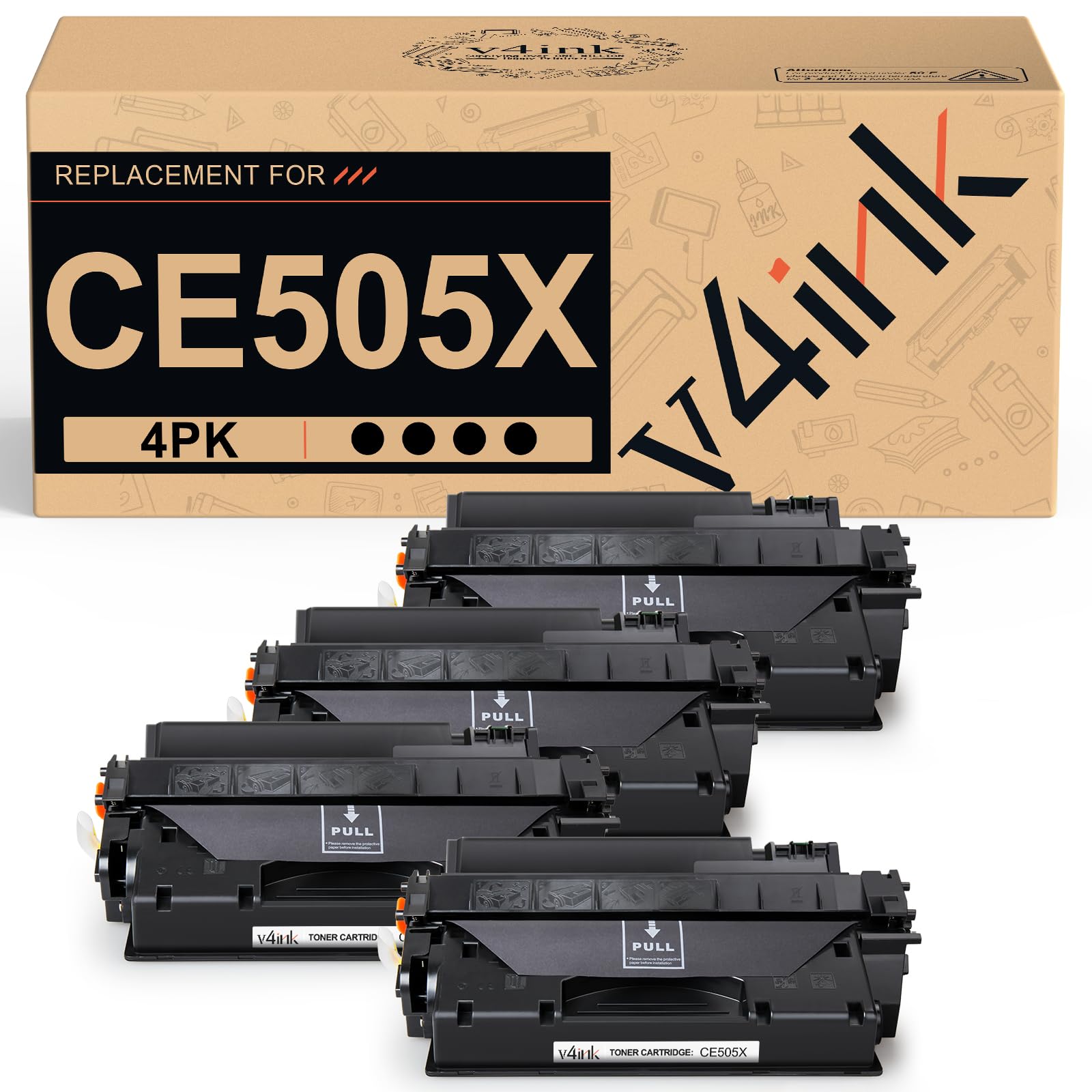 v4ink 4PK Compatible Toner Cartridge Replacement for HP 05X CE505X Toner Cartridge Black for HP P2050 P2055 P2055d P2055dn P2055x Pro 400 M401n