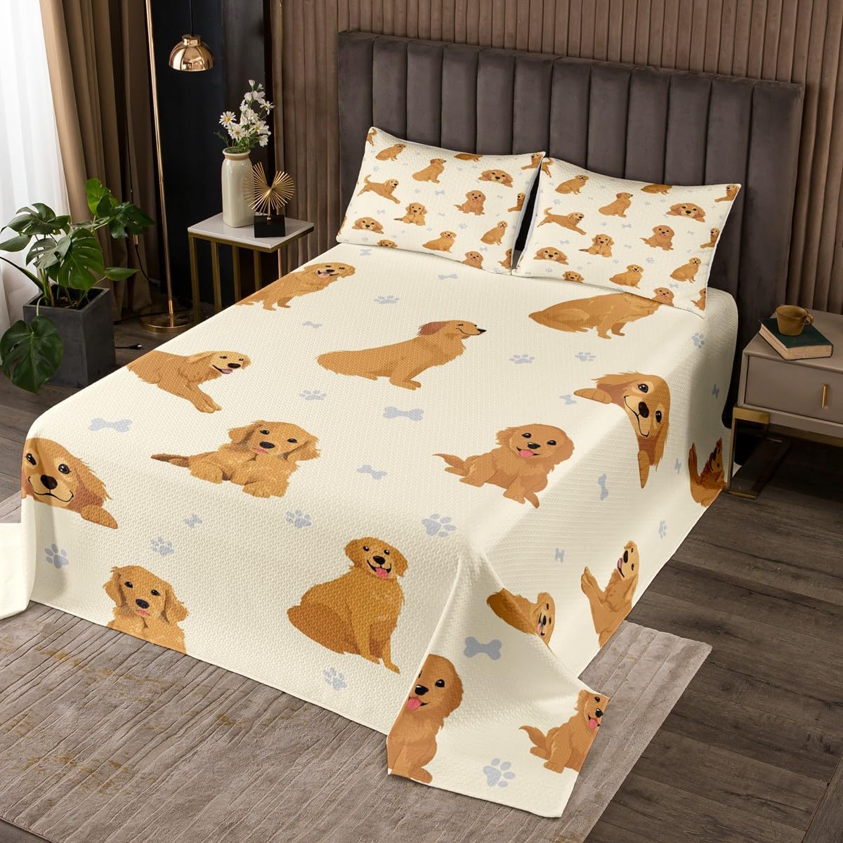 Erosebridal Dog Quilt Set Queen Size for Kids Teens Adults,Dog Paw Bones Print Coverlet Set,Cute Lovely Puppy Bedspread Set,Pet Footprint Bed Cover Bedroom Decor