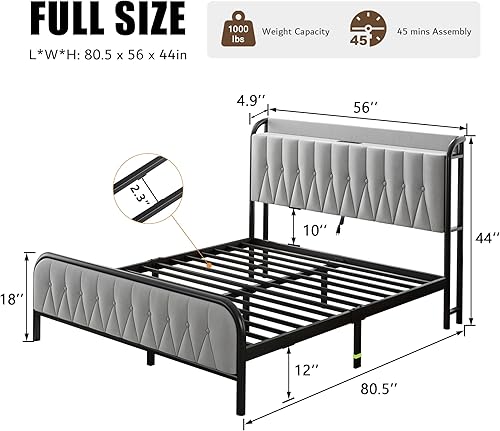 Miniatura 2 de iPormis Base de cama de metal tamaño King con estación de carga, cabecera y estribo de terciopelo, soporte de acero resistente, almacenamiento