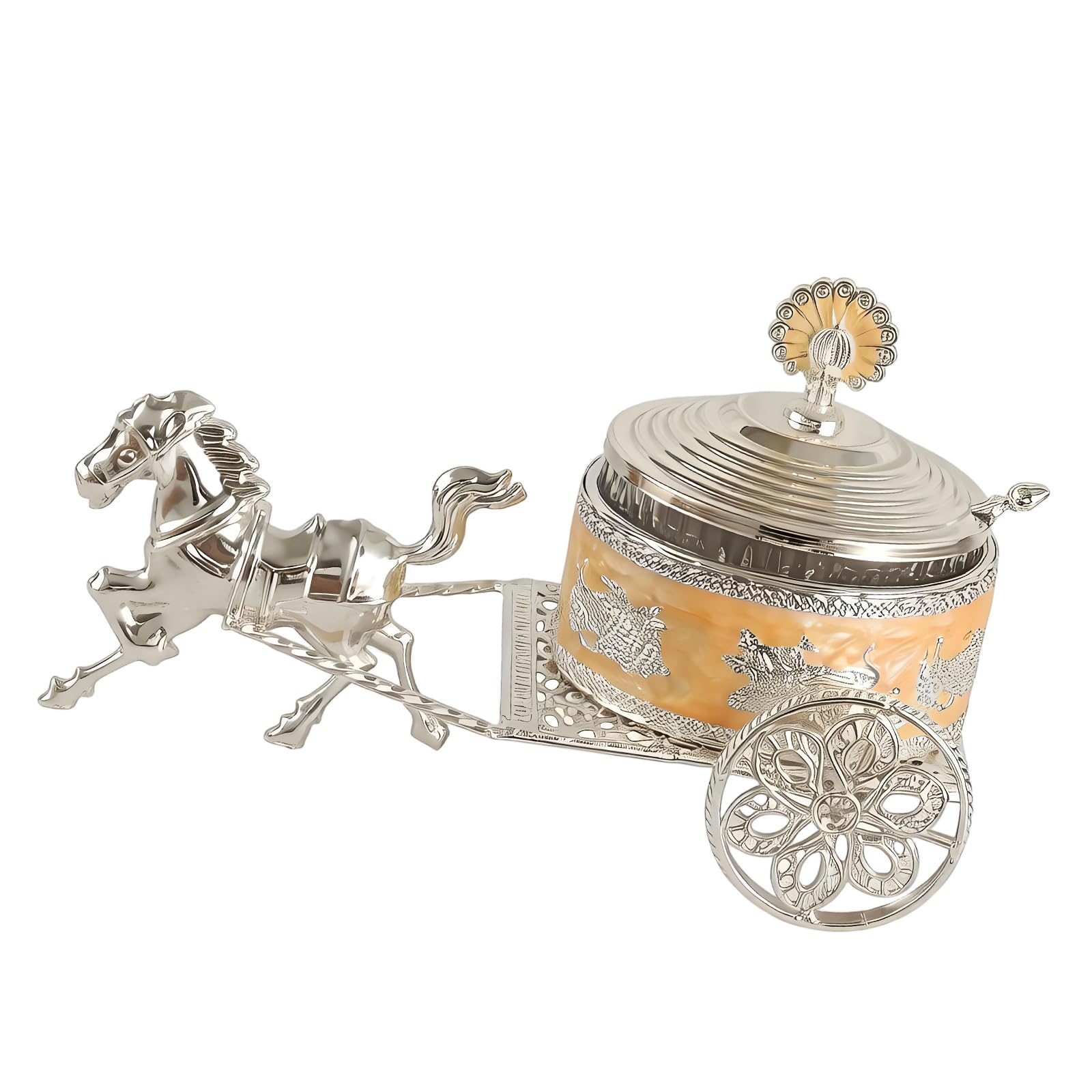 Qisuw Antique Alloy Condiment Dispenser with Detailed Carriage Engraving Metal Jar Container for Sugar and Seasoning Storage Antique Carriage Sugar Jar
