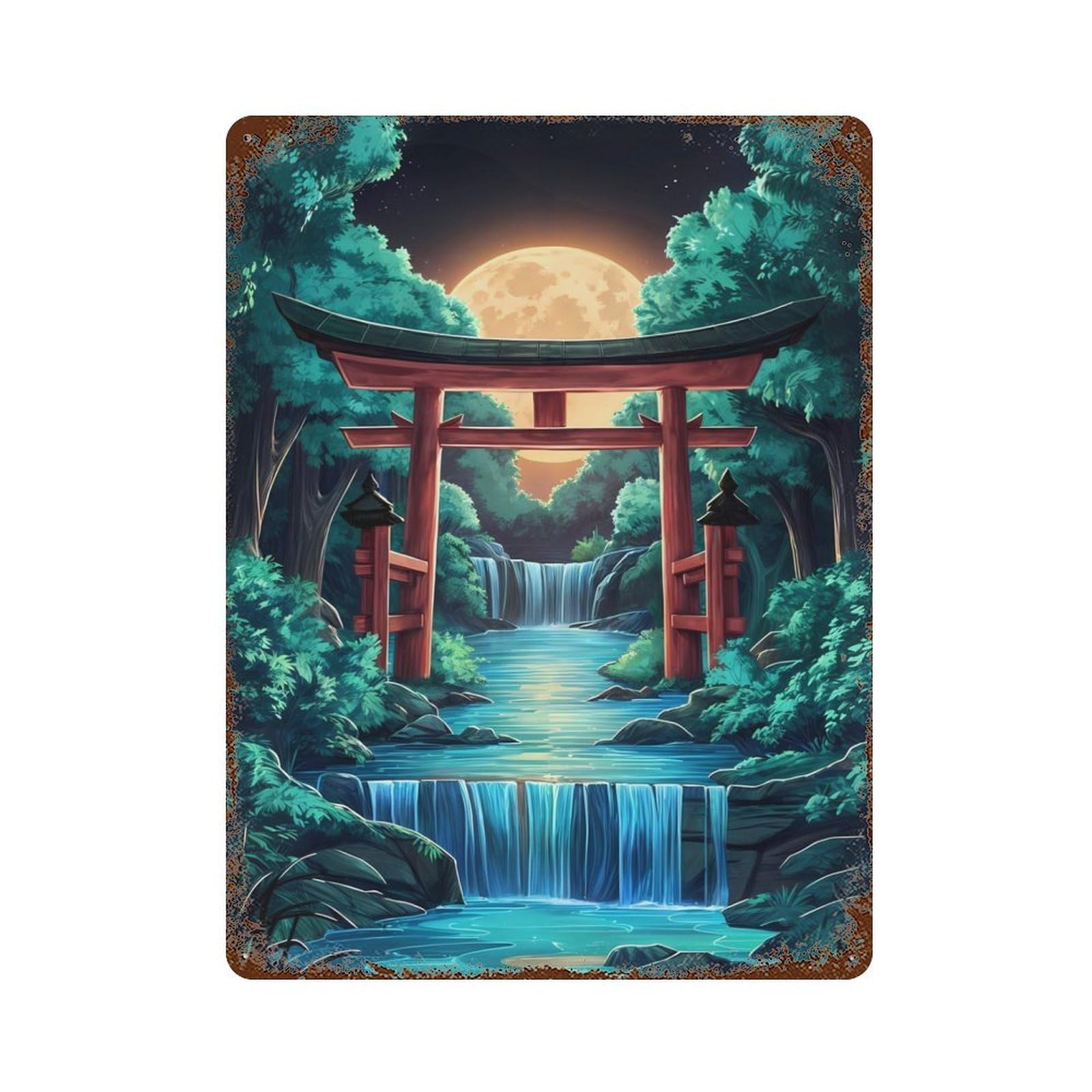 Moon And Torii Gate Japan Rusty Metal Tin Sign 15.7"x11.8", Classic Wall Plaque for Pub, Kitchen And Man Cave Decor