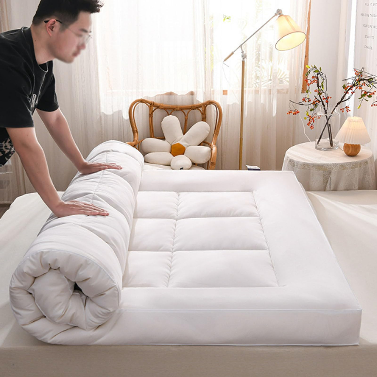 Materasso futon Giapponese Trapuntato Spesso, Versatile Materasso da Pavimento per Soggiorno, Campeggio e Viaggio(White,90 * 190cm)
