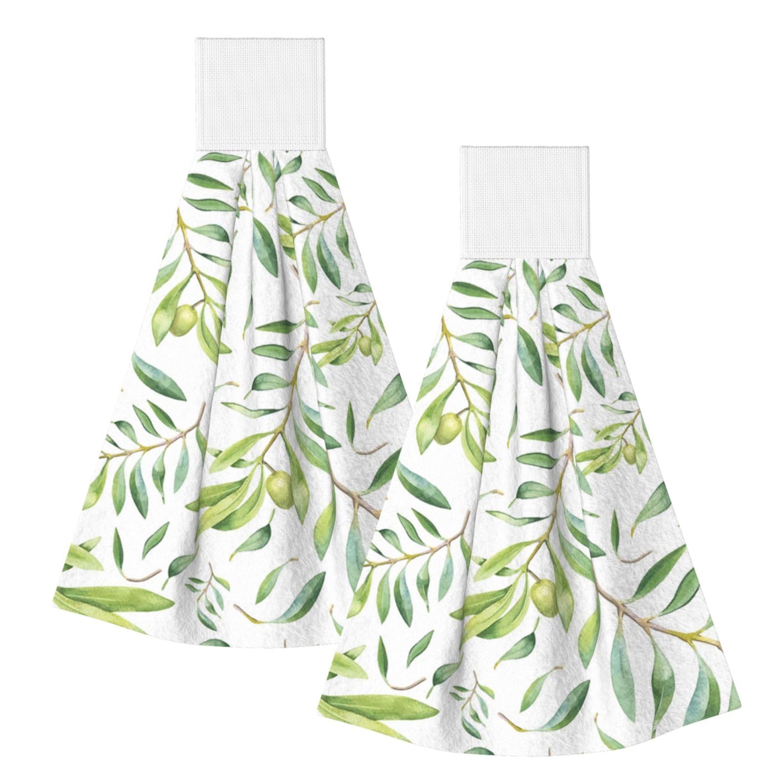 DOPKLNA Green Watercolor Olive Branch Pattern, 2 Pcs Hanging Coral Fiber Hand Towels for Bathroom, Absorbent Kitchen Towels