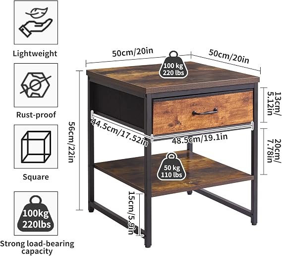 Aibiju Small Table Stand 20 Inch, Multi-Functional Side & Printer Accent Table with with Fabric Drawer, Mini Fridge Stand for Kitchen Bedroom Office Dorm, Rustic Brown YD-TM156H