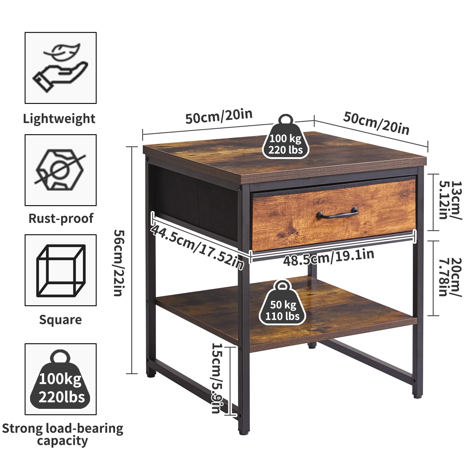 Aibiju Petite Table D'appoint 50 cm, Table d'appoint multifonctionnelle avec Tiroir en Tissu, Mini-réfrigérateur pour Cuisine, Chambre, Bureau, Dortoir, Brun Rustique YD-TM156H