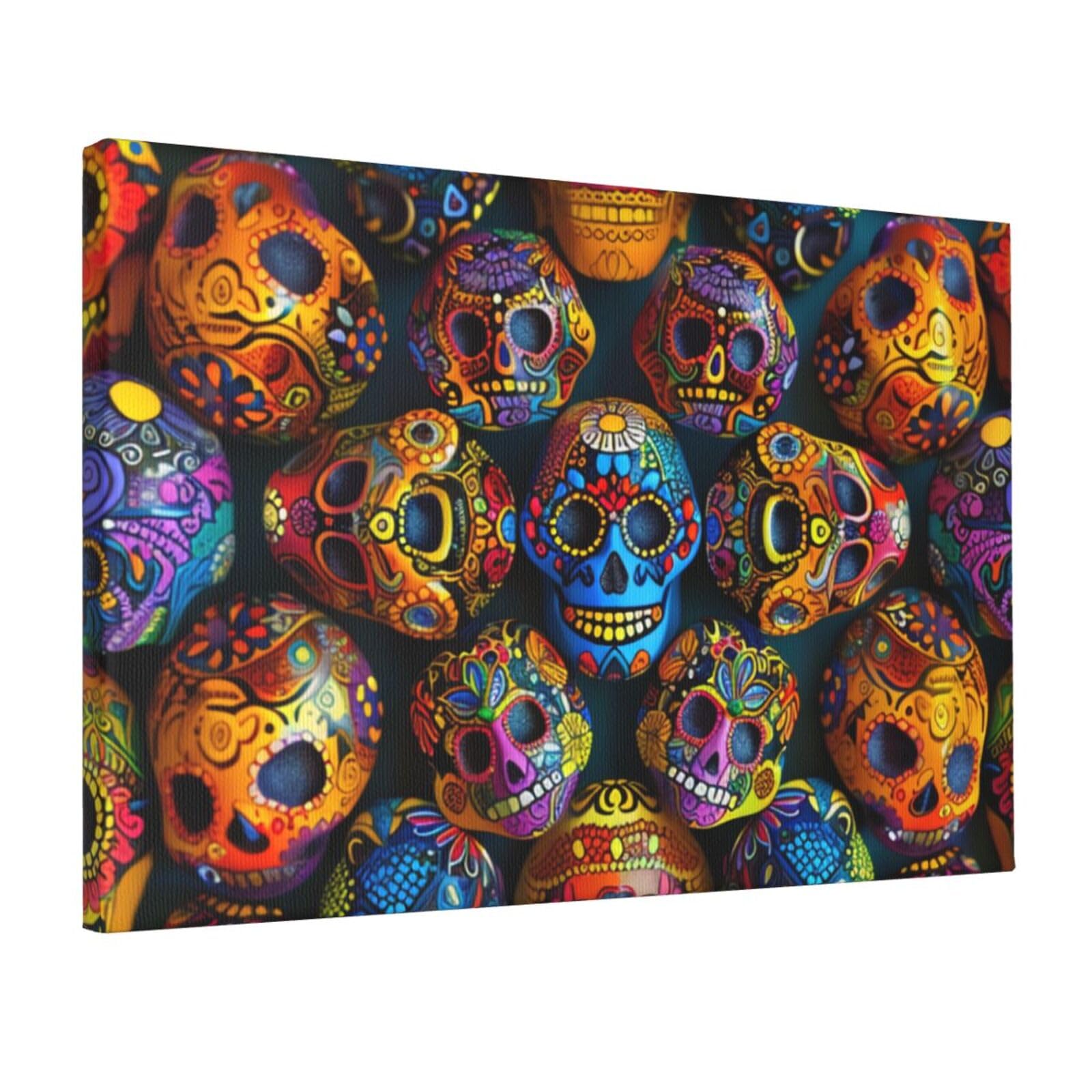 YKLJG Colorful Sugar Skulls Printed Wall Art Canvas Prints 45x30 CM Wooden Framed Picture Painting Artwork for Bedroom Kitchen Home Office Decor