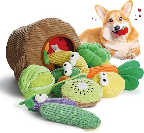 Nocciola Paquete de 15 Juguetes chirriantes de Frutas y Verduras para Perros con una Cesta