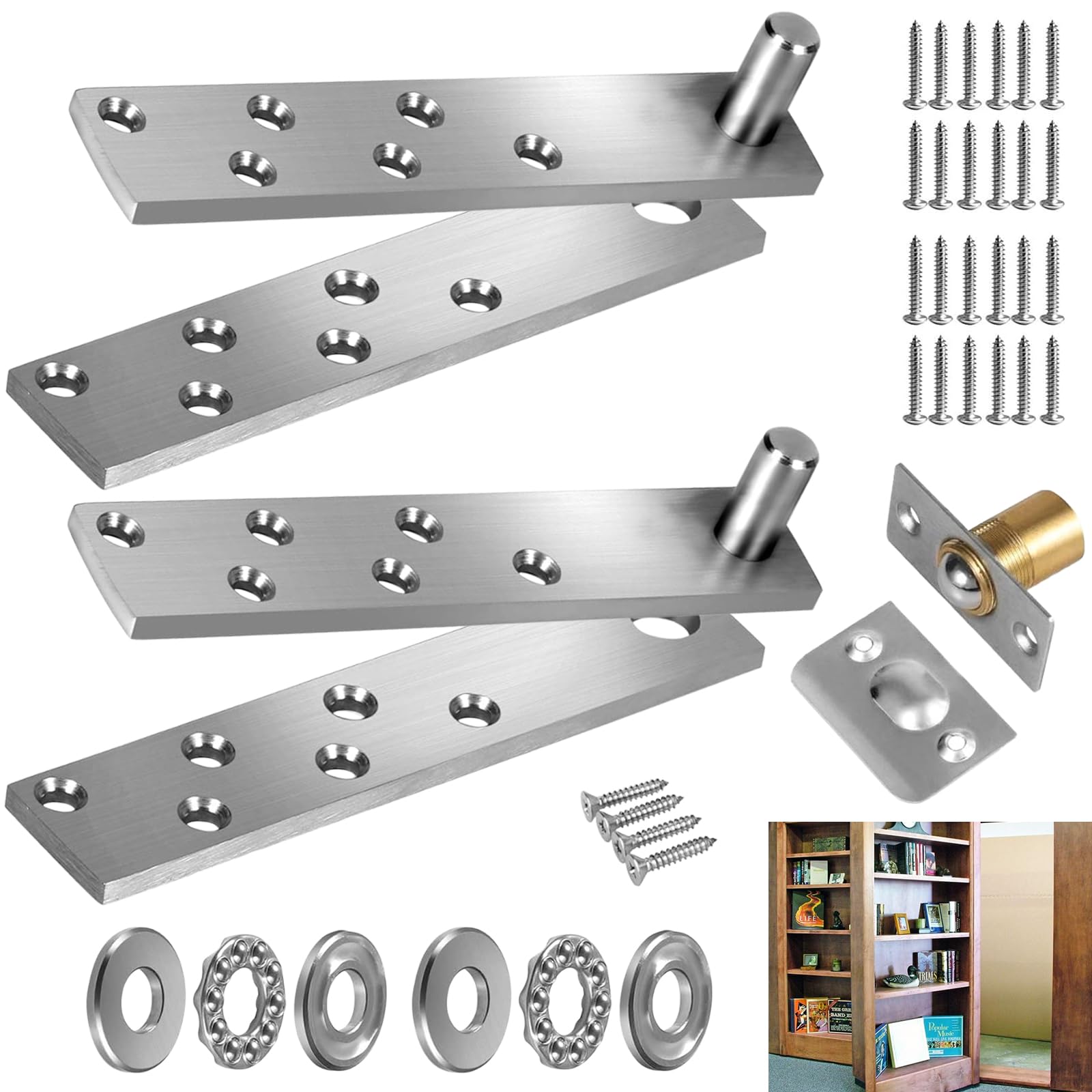 Bisagra de puerta oculta, bisagras pivotantes de acero inoxidable, resistentes, rotación de 360°, hasta 136 kg, plata