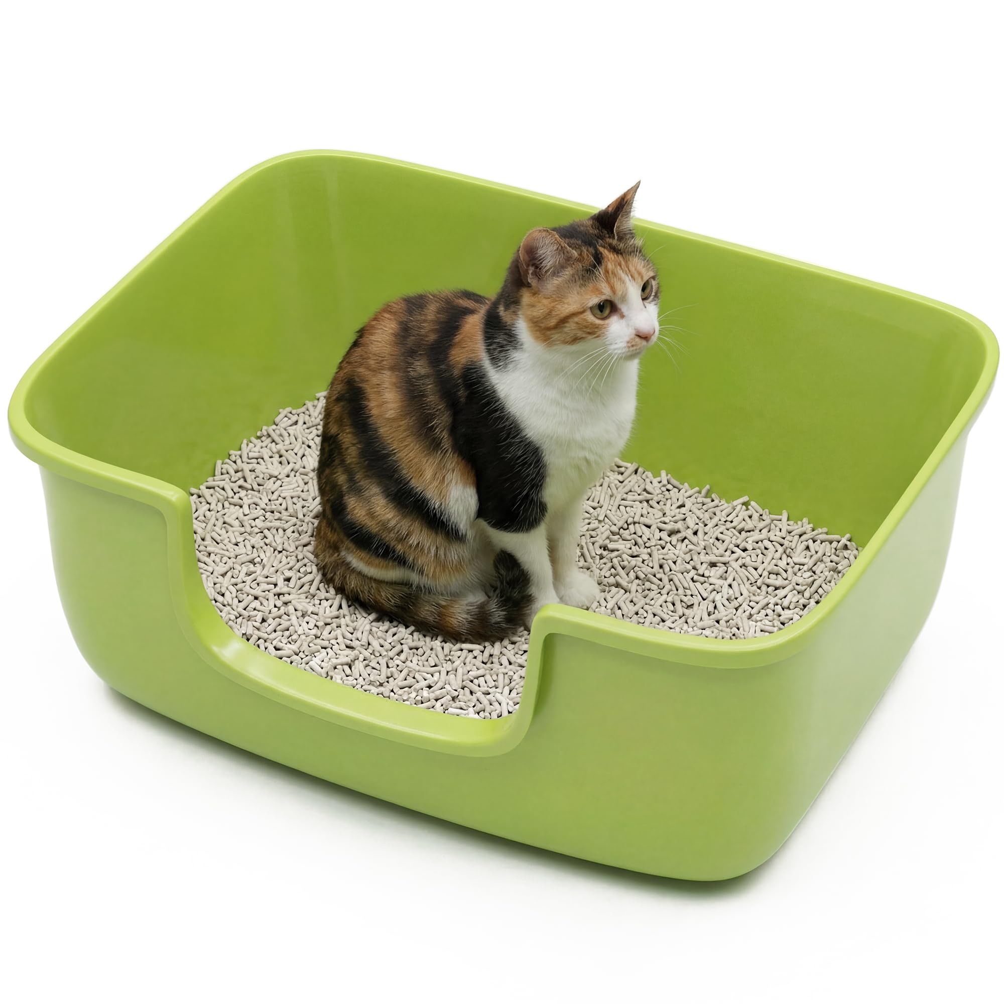 Suhaco Large Cat Litter Tray with High Sided and Low Entry Durable Plastic Litter Box for Indoor Cats Easy Clean Open Top Design 49 x 42 x 22cm (Green)