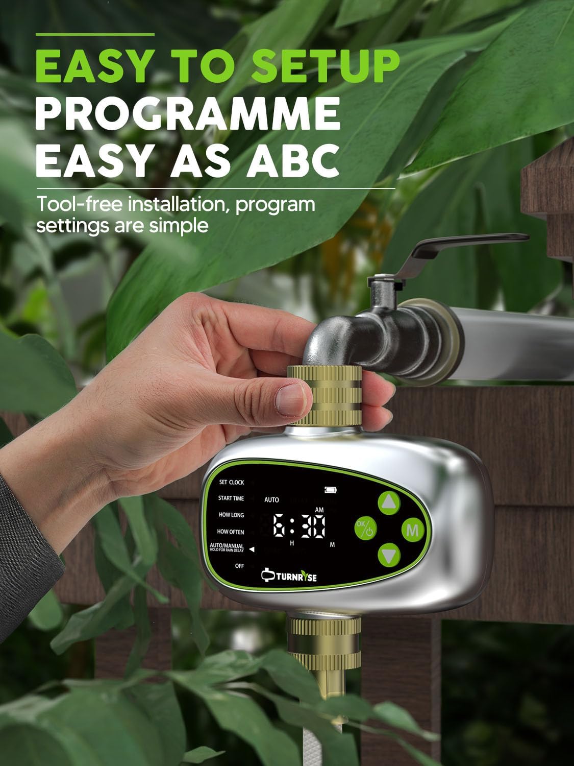 Sprinkler Controller with Soil Moisture Sensor: 1 Zone Water Timer for Garden Hose, Rain Delay & Brass Inlet Programmable Hose Timer, Automatic Drip Irrigation System for Yard Lawn Greenhouse