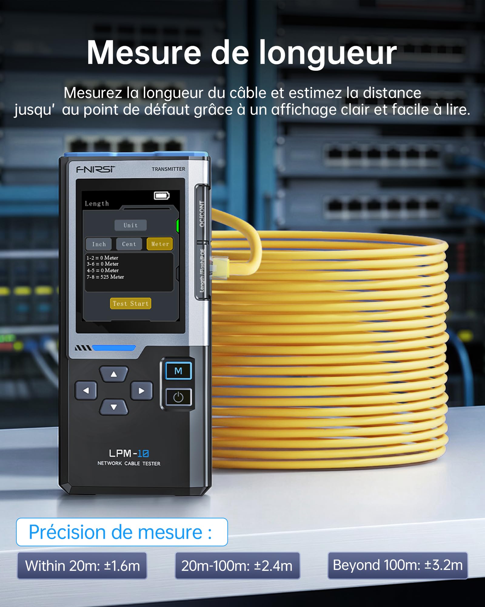 FNIRSI LPM-10A Testeur Câble RJ45, Testeur de Câbles Ethernet CAT5 CAT6 RJ11, Kit Traceur de Câble et Toner Réseau, Rechargeable Testeur Ethernet avec PoE/NCV/Test de Longueur
