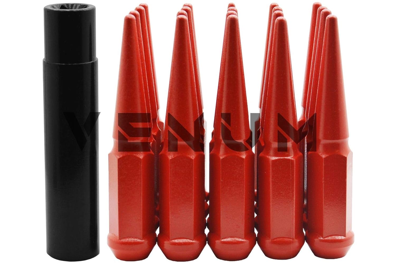 24 Pc Wrinkle Red Spike Lug Nuts Powder Coated | Steel | 4.5" Tall | M14x1.5 Thread Pitch + 1 Key Compatible with F-150 2015-2019 Expedition Navigator 6x135 mm Aftermarket Wheels