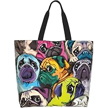 Novelty Dog Pug Large Tote Bag Casual Shoulder Bags Reusable Grocery Handbag For Women Travel Shopping