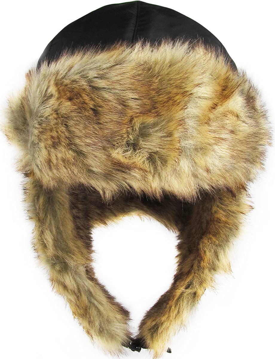 Funky Junque Fur Trapper Hat for Men, Winter Ushanka with Ear Flaps, Black Faux Fur, One Size