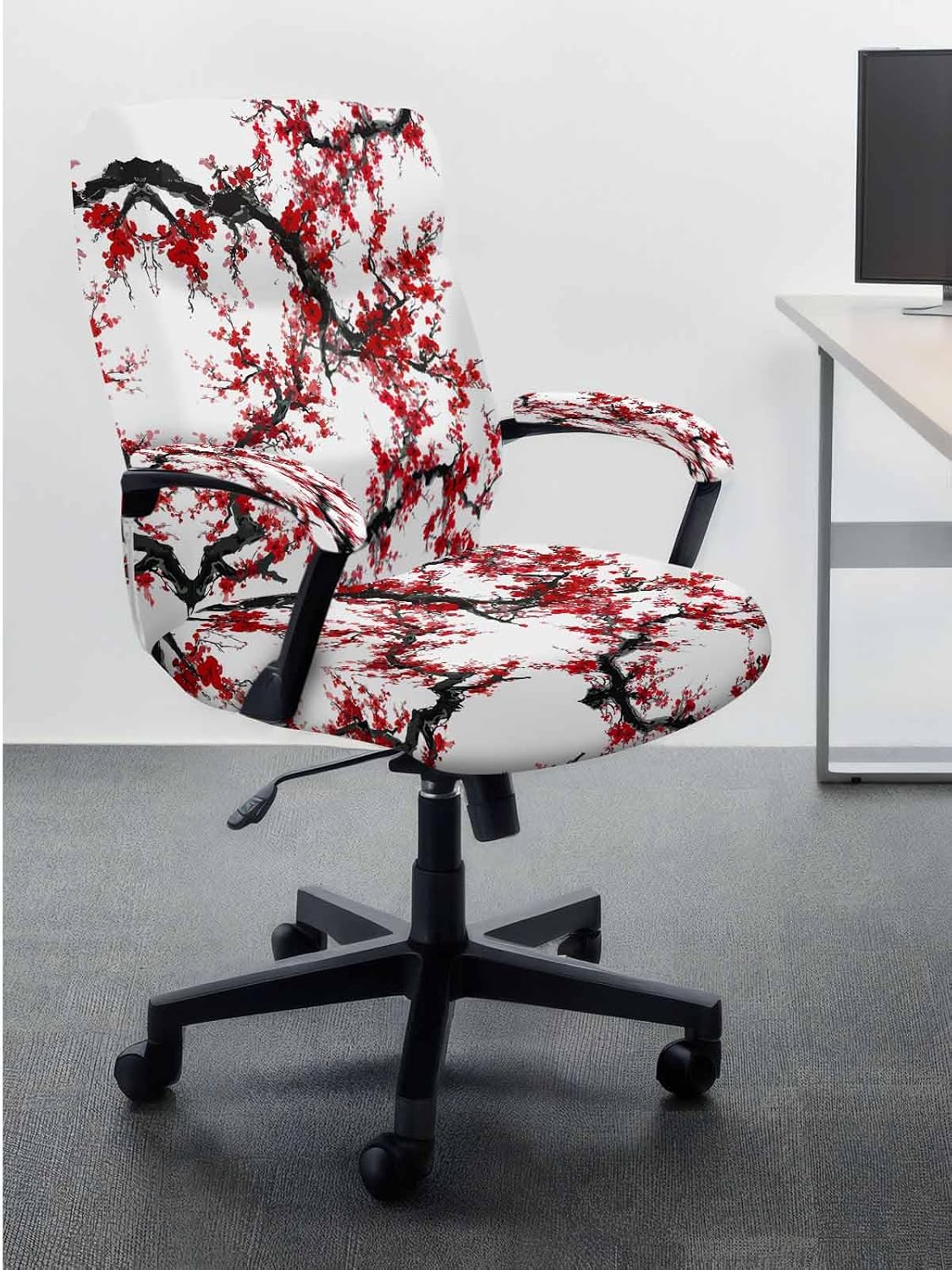 Red Plum Office Chair Covers with Armrest Covers, Rotating Chair Cover, Nature Flowers Branches Chinese Painting Armchair Slipcovers Decorative Backrest Seat Protectors, Large