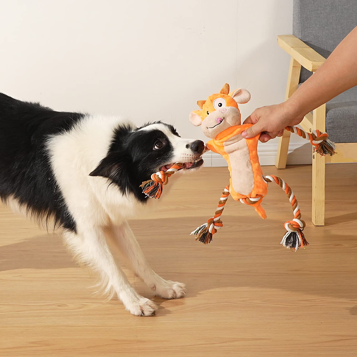 Sedioso Juguetes para perros, juguetes para perros de tira y afloja para razas grandes, lindo juguete interactivo chirriante con papel arrugado, juguete de peluche para perros pequeños, medianos y