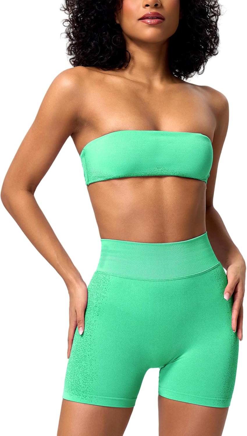 ABOCIW Womens Workout Sets Twist Back Bandeau Sports Bra Seamless Scrunch Butt Lifting Gym Shorts 2 Piece Outfits