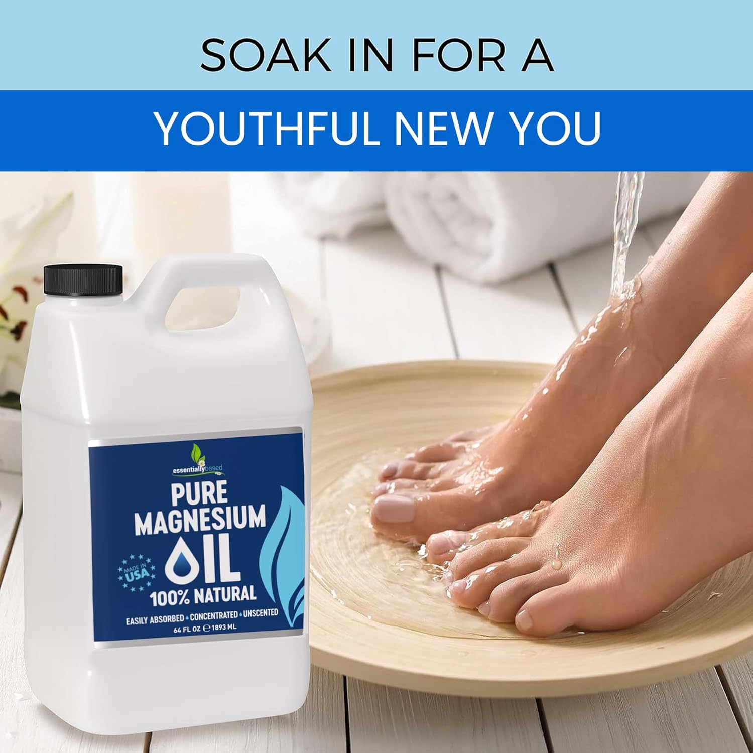 Pure Magnesium Oil Spray 64oz - Topical Magnesium Spray for Sleep & Feet - Extra Strength - USP Grade - 100% Natural and Organic Oil for Muscle Pain & Cramps - No Sprayer Included - Made in USA